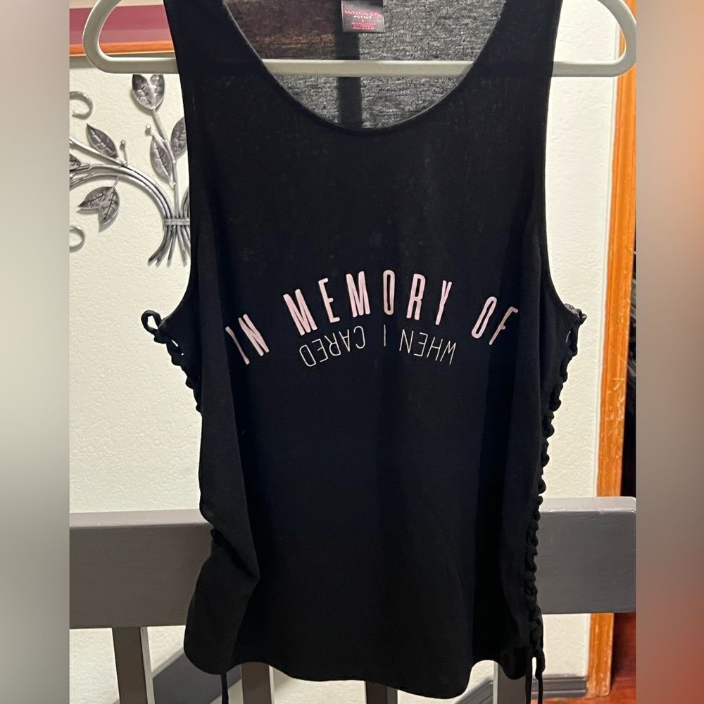 EUC Black Sleeveless Top Large “In Memory of When I Cared” #059